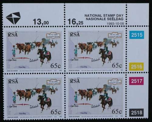 SACC 843-846: 1993. National Stamp Day. Set of 4 Contr. Blks. of 4. 45c:65c:85c:R1.05: MNH