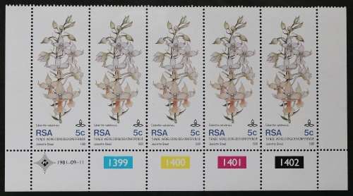 SACC 502-505:1981. 10th World Orchid Conf. Set of 4 Contr. strips of 5. 5c: 15c: 20c: 25c: MNH.
