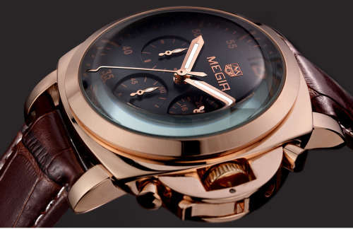 *LOWEST SHIPPING* MEGIR MENS CHRONOGRAPH GENUINE LEATHER WATCH WITH WATCH BOX