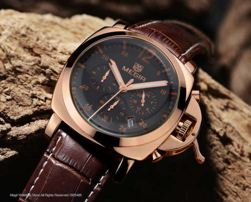 *LOWEST SHIPPING* MEGIR MENS CHRONOGRAPH GENUINE LEATHER WATCH WITH WATCH BOX