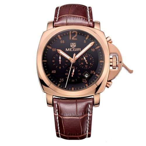 *LOWEST SHIPPING* MEGIR MENS CHRONOGRAPH GENUINE LEATHER WATCH WITH WATCH BOX