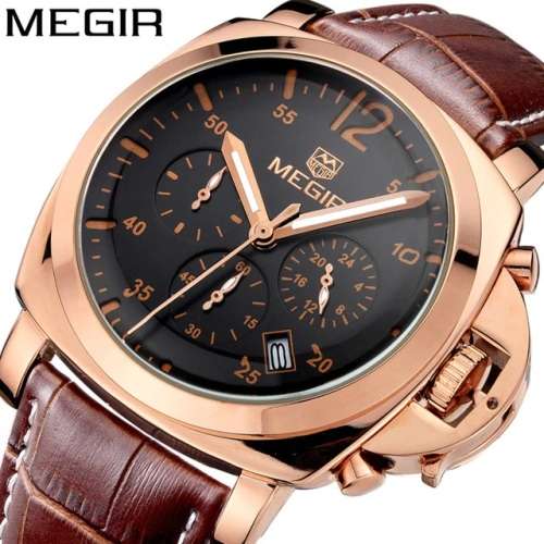 *LOWEST SHIPPING* MEGIR MENS CHRONOGRAPH GENUINE LEATHER WATCH WITH WATCH BOX