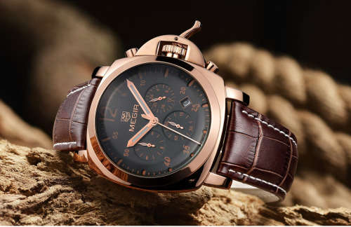 *LOWEST SHIPPING* MEGIR MENS CHRONOGRAPH GENUINE LEATHER WATCH WITH WATCH BOX
