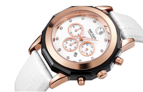 **LOW SHIPPING** MEGIR 2042 WOMENS CHRONOGRAPH LEATHER WATCH WITH WATCH BOX