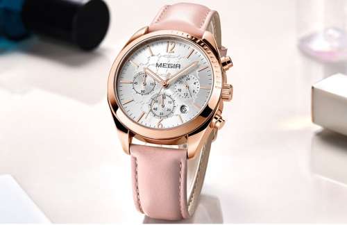 **LOWEST SHIPPING** MEGIR PINK WOMENS CHRONOGRAPH LEATHER WATCH WITH WATCH BOX