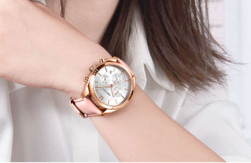 **LOWEST SHIPPING** MEGIR PINK WOMENS CHRONOGRAPH LEATHER WATCH WITH WATCH BOX