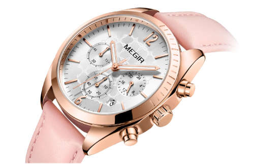 **LOWEST SHIPPING** MEGIR PINK WOMENS CHRONOGRAPH LEATHER WATCH WITH WATCH BOX