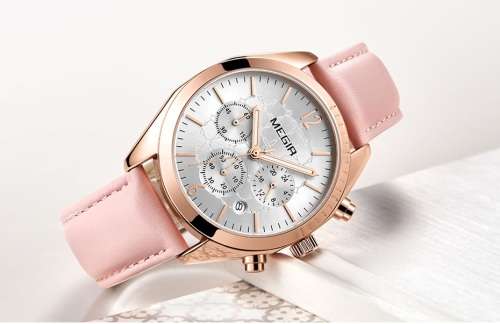 **LOWEST SHIPPING** MEGIR PINK WOMENS CHRONOGRAPH LEATHER WATCH WITH WATCH BOX