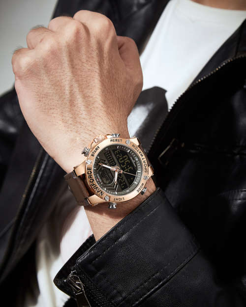 NAVIFORCE MENS DIGITAL CHRONOGRAPH GENUINE LEATHER BROWN WATCH