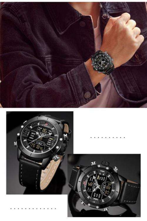 NAVIFORCE MENS GENUINE LEATHER DIGITAL/ANALOG WATCH - BLACK