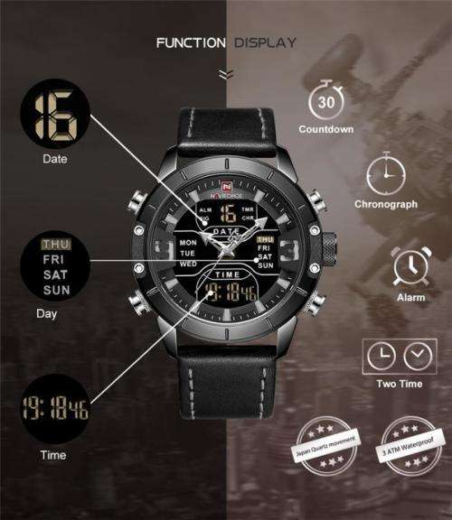 NAVIFORCE MENS GENUINE LEATHER DIGITAL/ANALOG WATCH - BLACK