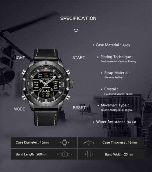 NAVIFORCE MENS GENUINE LEATHER DIGITAL/ANALOG WATCH - BLACK