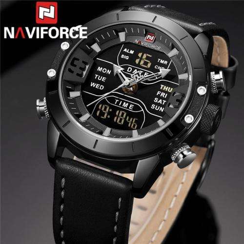 NAVIFORCE MENS GENUINE LEATHER DIGITAL/ANALOG WATCH - BLACK