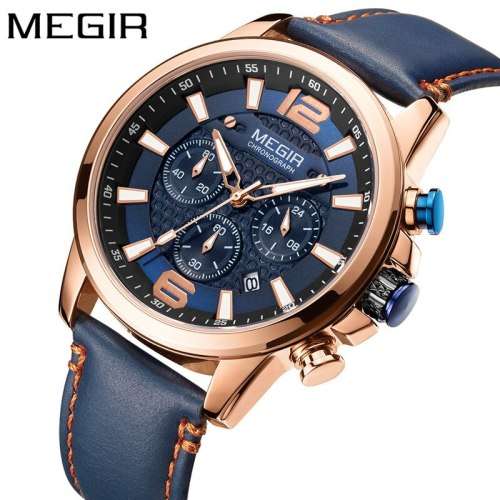 MEGIR ML2156G MENS GENUINE LEATHER CHRONOGRAPH WATCH (ALL DIALS WORK)