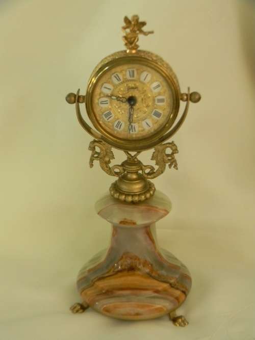 Stunning German Gold Gilt and Onyx GoldBuhl Pedestal Winding Clock - Pristine and Working !