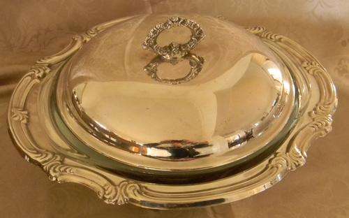 Magnificent Silver Plated Ornate Large Tureen on Feet with Inner Glass Dish