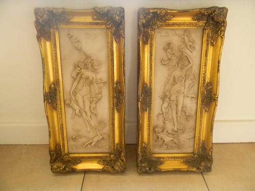 Stunning Pair of 1892 French Gold Gilt Framed Resin Sculptures of Woman & Angels - Signed