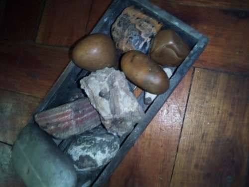 wooden box with interesting rocks stones
