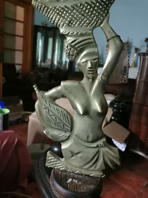 SOLID BRASS WOMAN ON WOODEN STAND