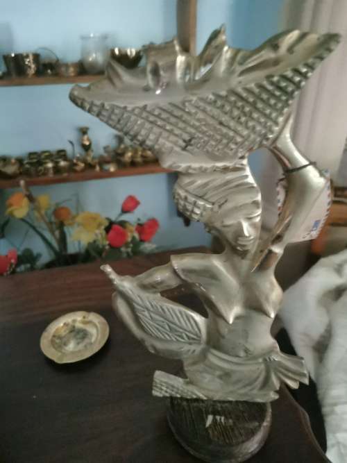 SOLID BRASS WOMAN ON WOODEN STAND