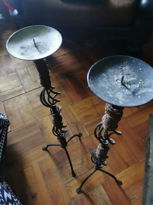 2 VINTAGE 60 CM IRON  CANDLE HOLDERS