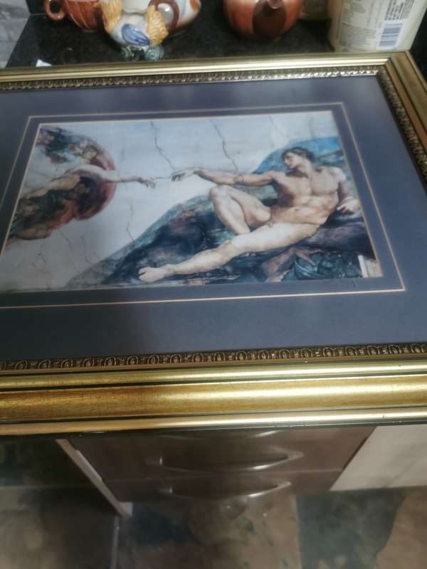 FRAMED MICHELANGELO PRINT CREATION OF ADAM WITH GLASS
