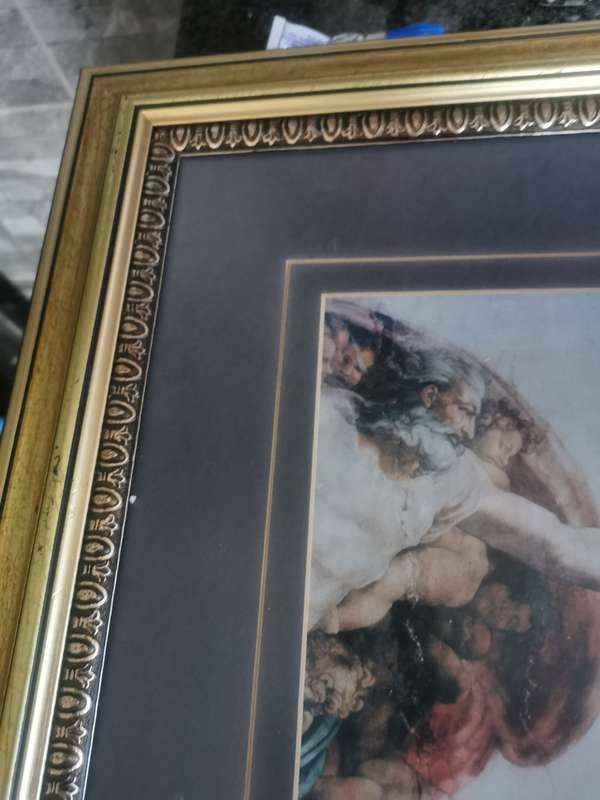 FRAMED MICHELANGELO PRINT CREATION OF ADAM WITH GLASS