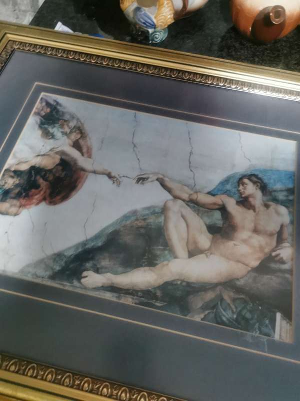 FRAMED MICHELANGELO PRINT CREATION OF ADAM WITH GLASS