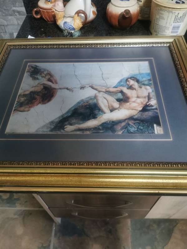 FRAMED MICHELANGELO PRINT CREATION OF ADAM WITH GLASS