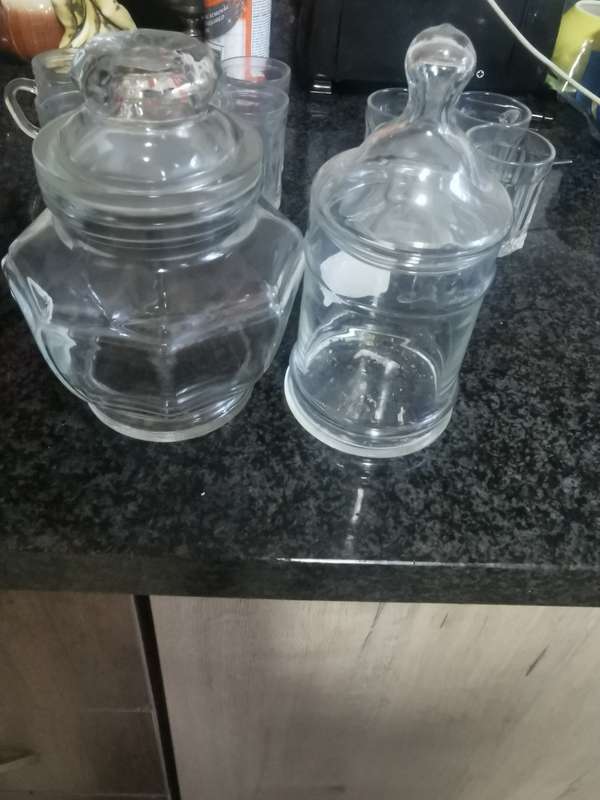 2 VINTAGE GLASS HOLDERS WITH LIDS