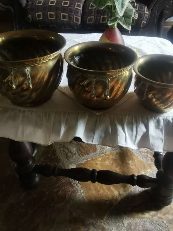 3 vintage brass planters
