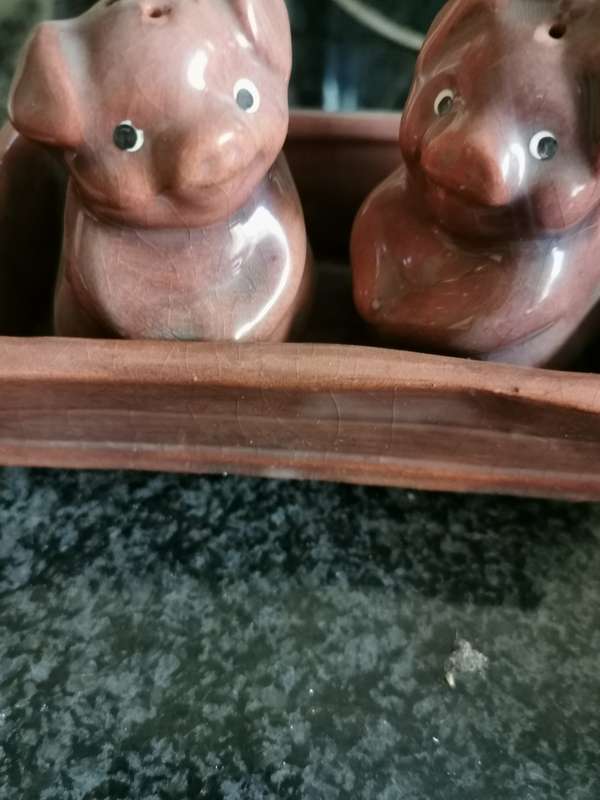 Vintage pig salt and pepper shakers in tray