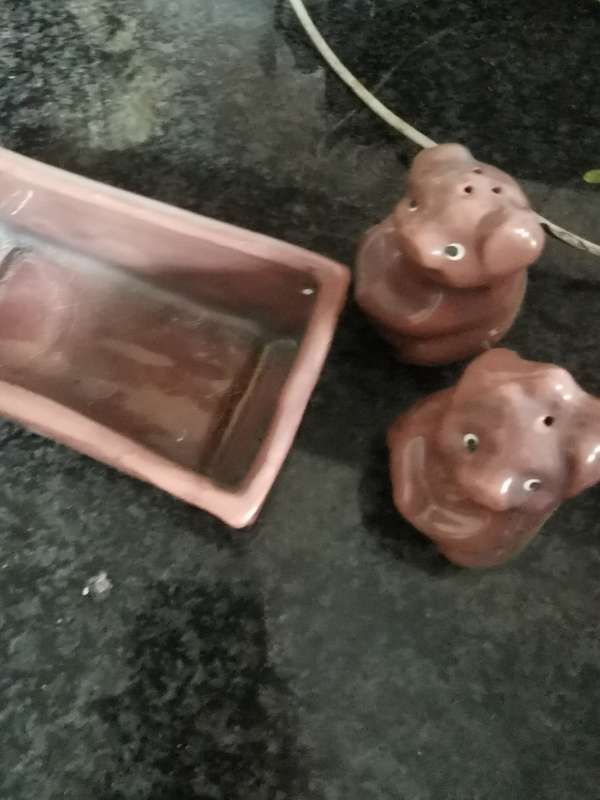 Vintage pig salt and pepper shakers in tray