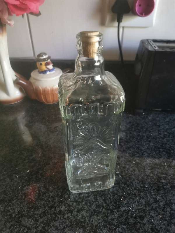 VINTAGE OLMEGA GLASS BOTTLE WITH STOPPER