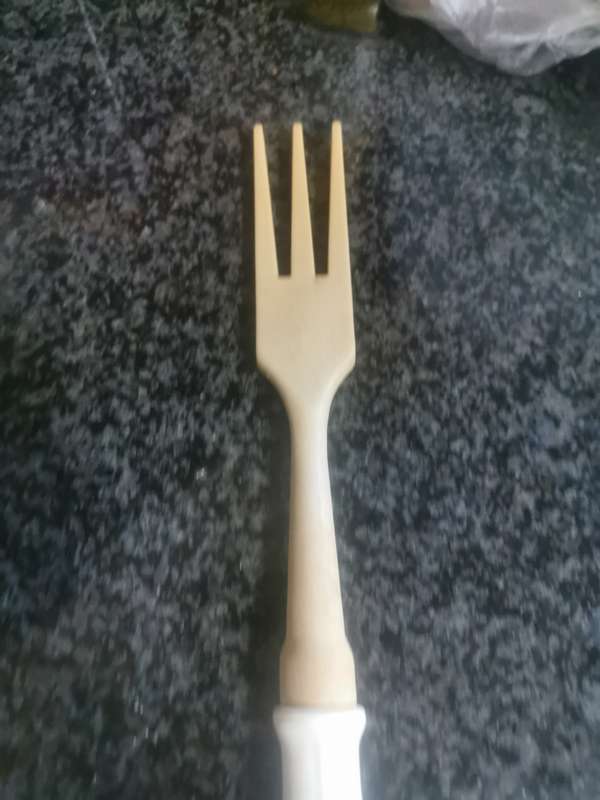 VINTAGE WOODEN FORK WITH PORCELAIN HANDLE