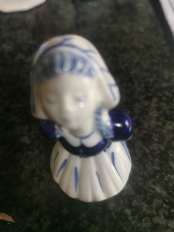 VINTAGE SMALL BLUE AND WHITE GIRL ORNAMENT