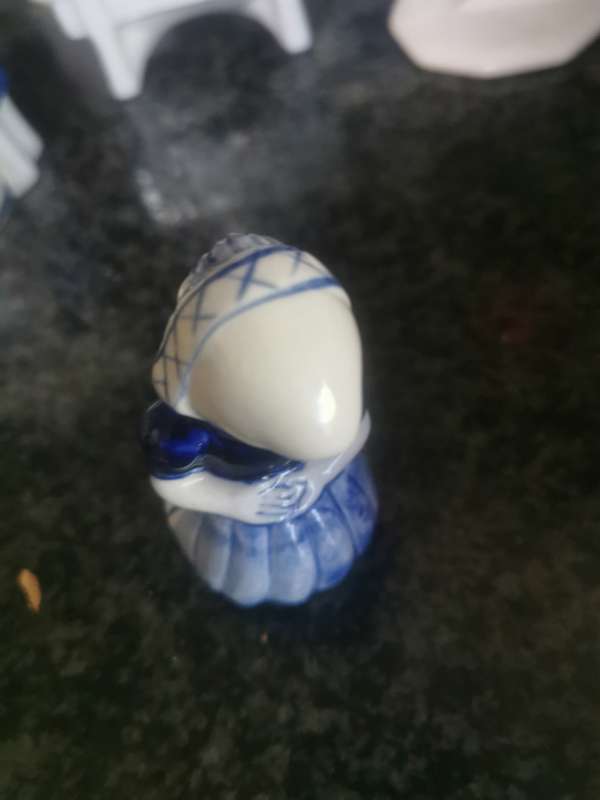 VINTAGE SMALL BLUE AND WHITE GIRL ORNAMENT
