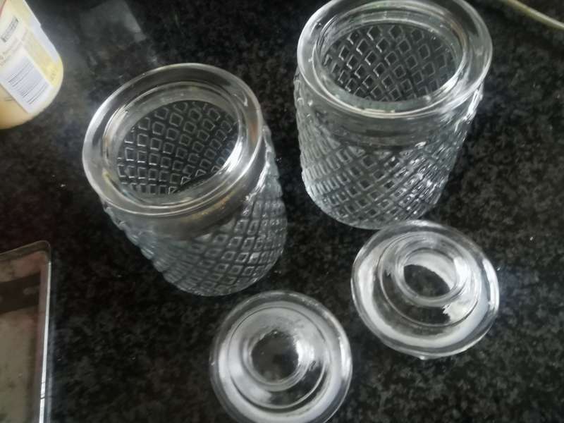 2 VINTAGE GLASS HOLDERS WITH LIDS