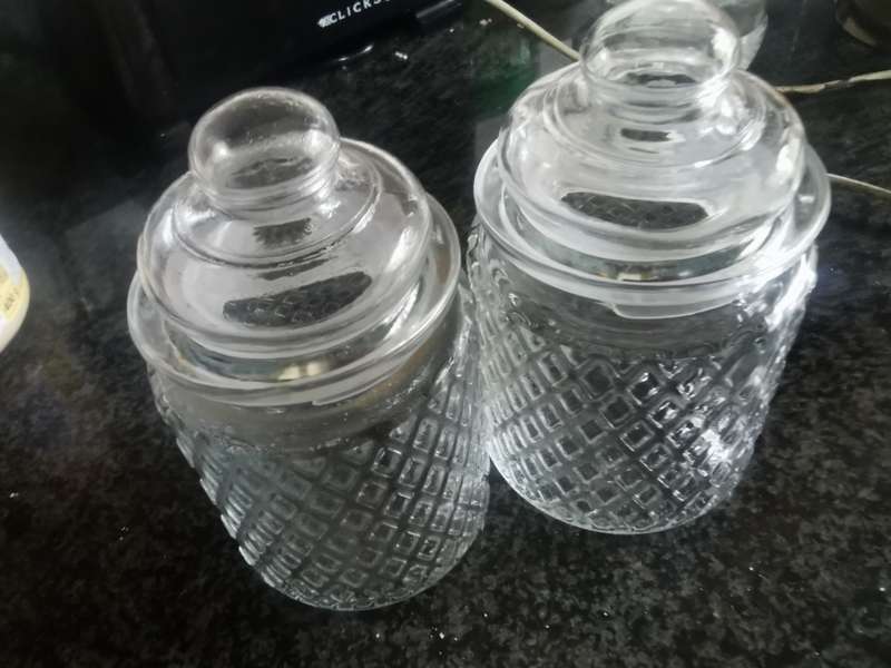 2 VINTAGE GLASS HOLDERS WITH LIDS