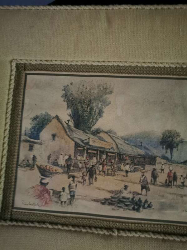 VINTAGE FRMED PRINT ON HARDBOARD EMBOSSED WITH MATERIAL