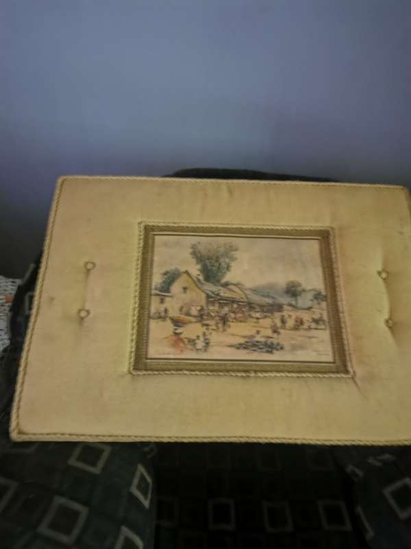 VINTAGE FRMED PRINT ON HARDBOARD EMBOSSED WITH MATERIAL