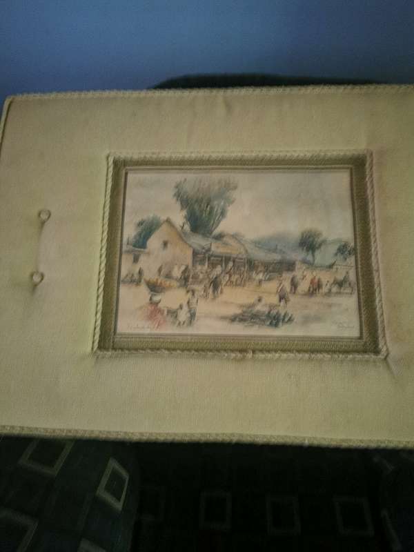 VINTAGE FRMED PRINT ON HARDBOARD EMBOSSED WITH MATERIAL