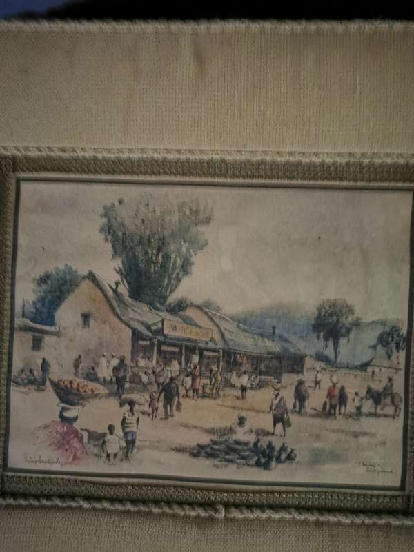 VINTAGE FRMED PRINT ON HARDBOARD EMBOSSED WITH MATERIAL
