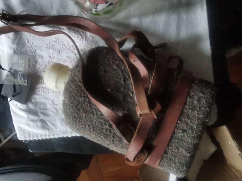 VINTAGE WATER BOTTLE WITH COVER  AND LEATHER STRAP