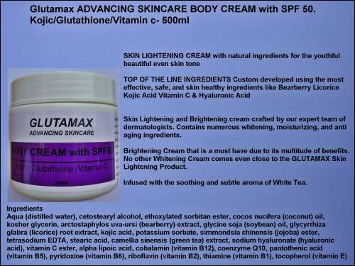Glutamax  Skin Lightening Cream with Kojic Acid, Glutathione,  Vitamin c spf 50- 500ml