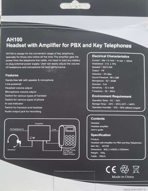 AH100 Headset with Amplifier for PBX and Key Telephone