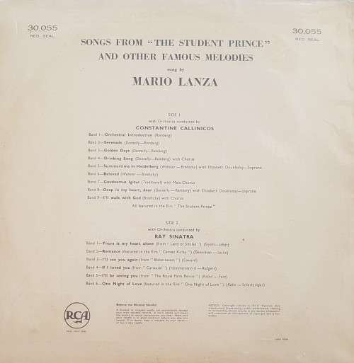 Vinyl Record: Mario Lanza - Songs from `The Student Prince` and other favourites