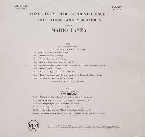 Vinyl Record: Mario Lanza - Songs from the Student Prince