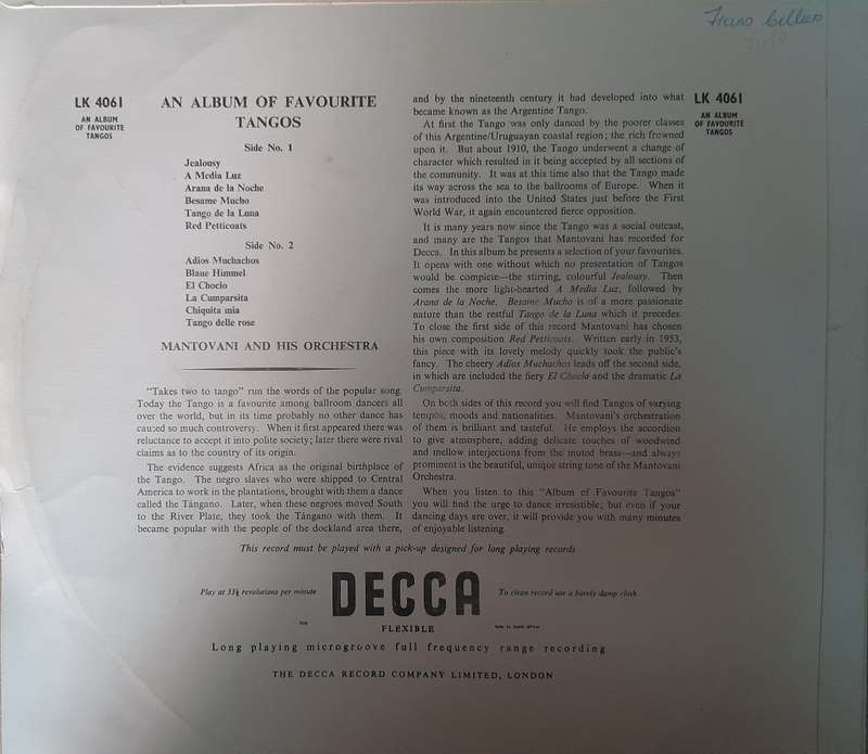 Vinyl: Mantovani and his orchestra - An Album of favourite Tangos