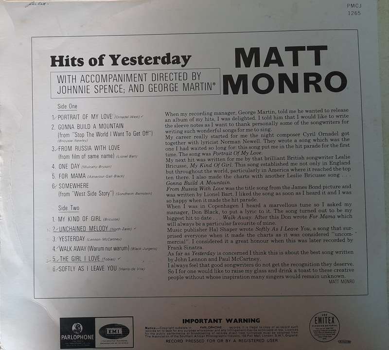 Vinyl: Mat Monroe - Hits of Yesterday
